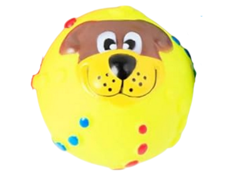Balle à couinement pour chien avec motif tête de chien