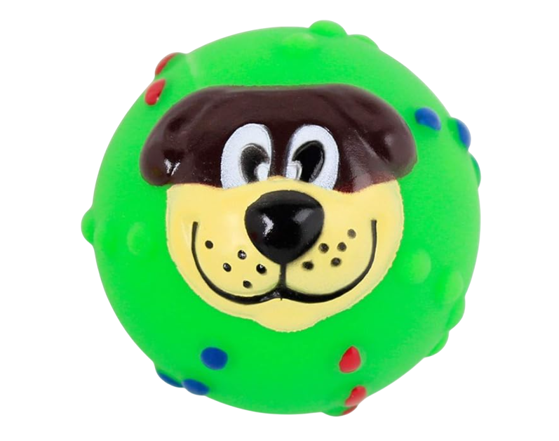 Balle à couinement pour chien avec motif tête de chien