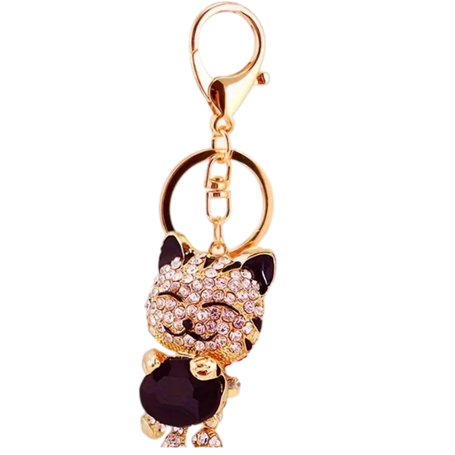 Porte-clés chat strass et cristaux noir