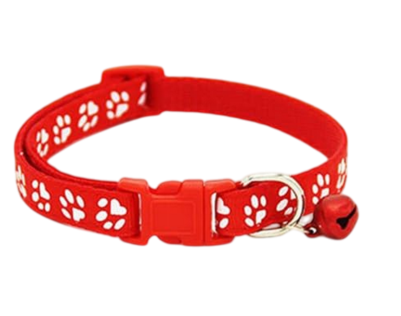 Collier pour chat rouge avec motif de pattes et sa clochette