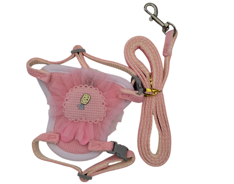 Harnais motif ananas rose avec sa laisse
