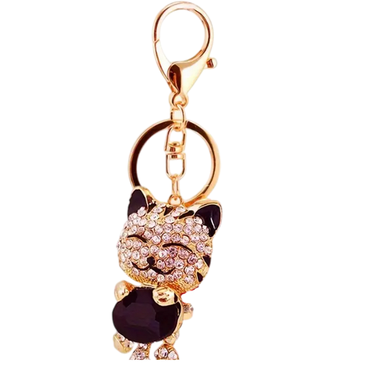 Porte-clés chat strass et cristaux noir