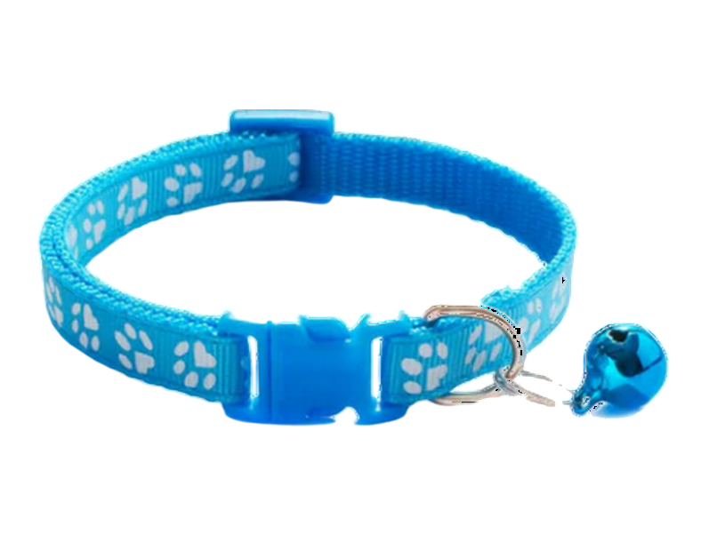 Collier pour chat bleu ciel avec motif de pattes et sa clochette