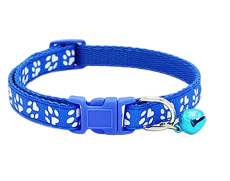 Collier pour chat bleu foncé avec motif de pattes et sa clochette