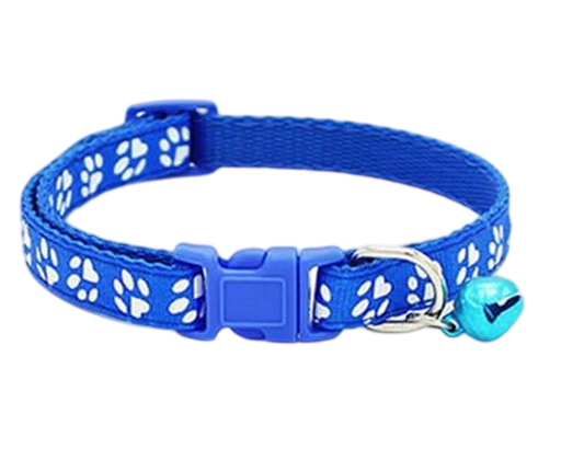 Collier pour chat bleu foncé avec motif de pattes et sa clochette