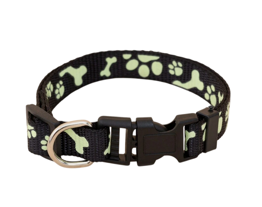 Collier réfléchissant pour chien motif de pattes et os